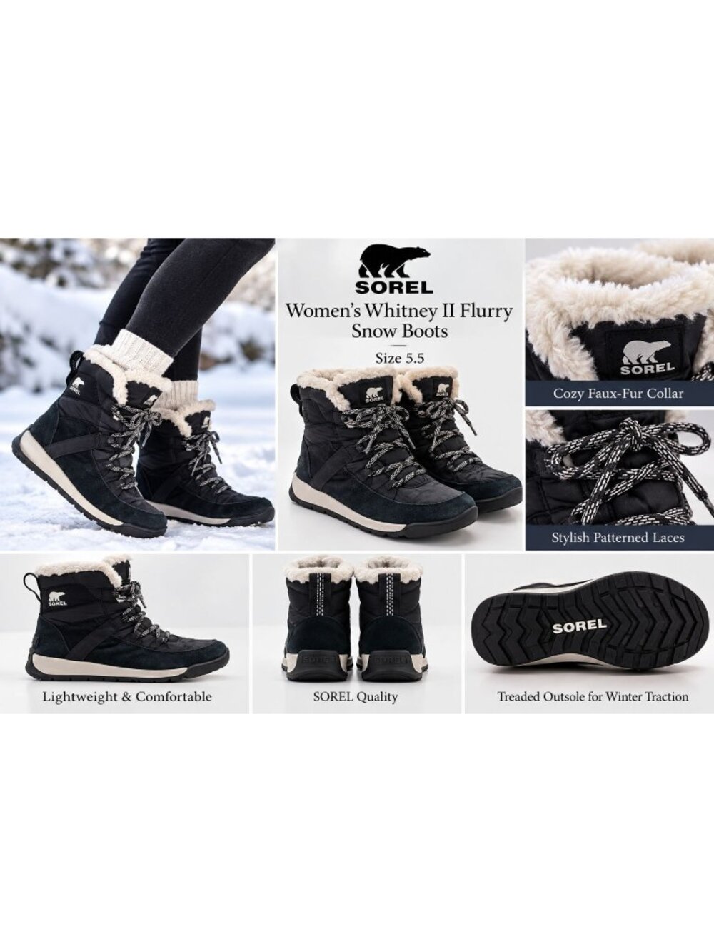 Sorel Women's Whitney II Flurry snow boots faux-fur collar patterned laces 5.5